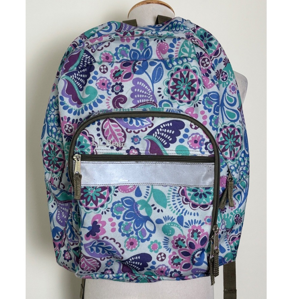 LL Bean Backpack Paisley Floral Print Purple Blue 109532 Book Bag Travel School
